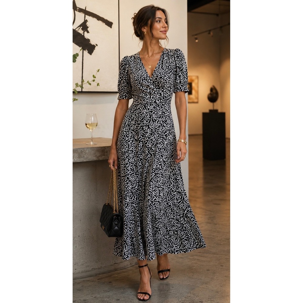 Who What Wear Dress M Black White Polka Dot Midi Puff Sleeve Tiered Classic Work